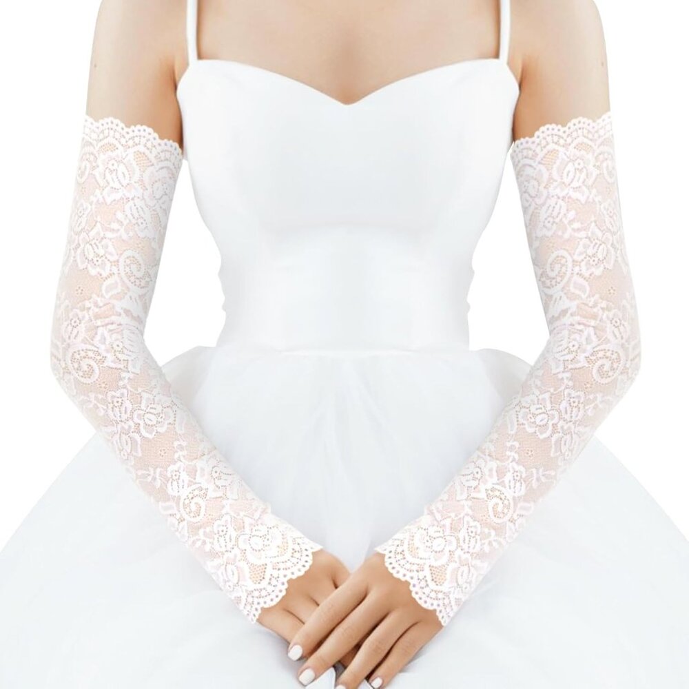 Women's 01-White Arm Sleeves  Satin Lace Long Gloves Wedding Party Tea Prom